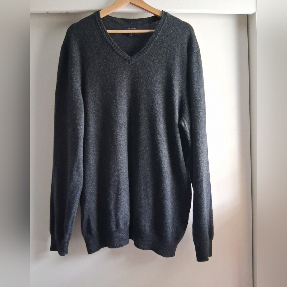 Club Room Cashmere V-Neck Sweater Gray Black XL Euc